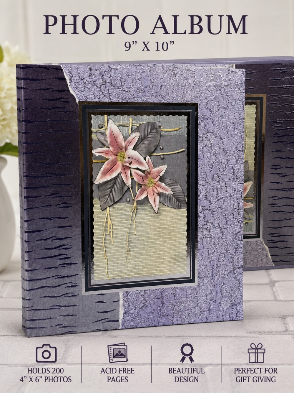 Decorative Purple Floral Photo Album 9x10 Holds 200 Photos with box